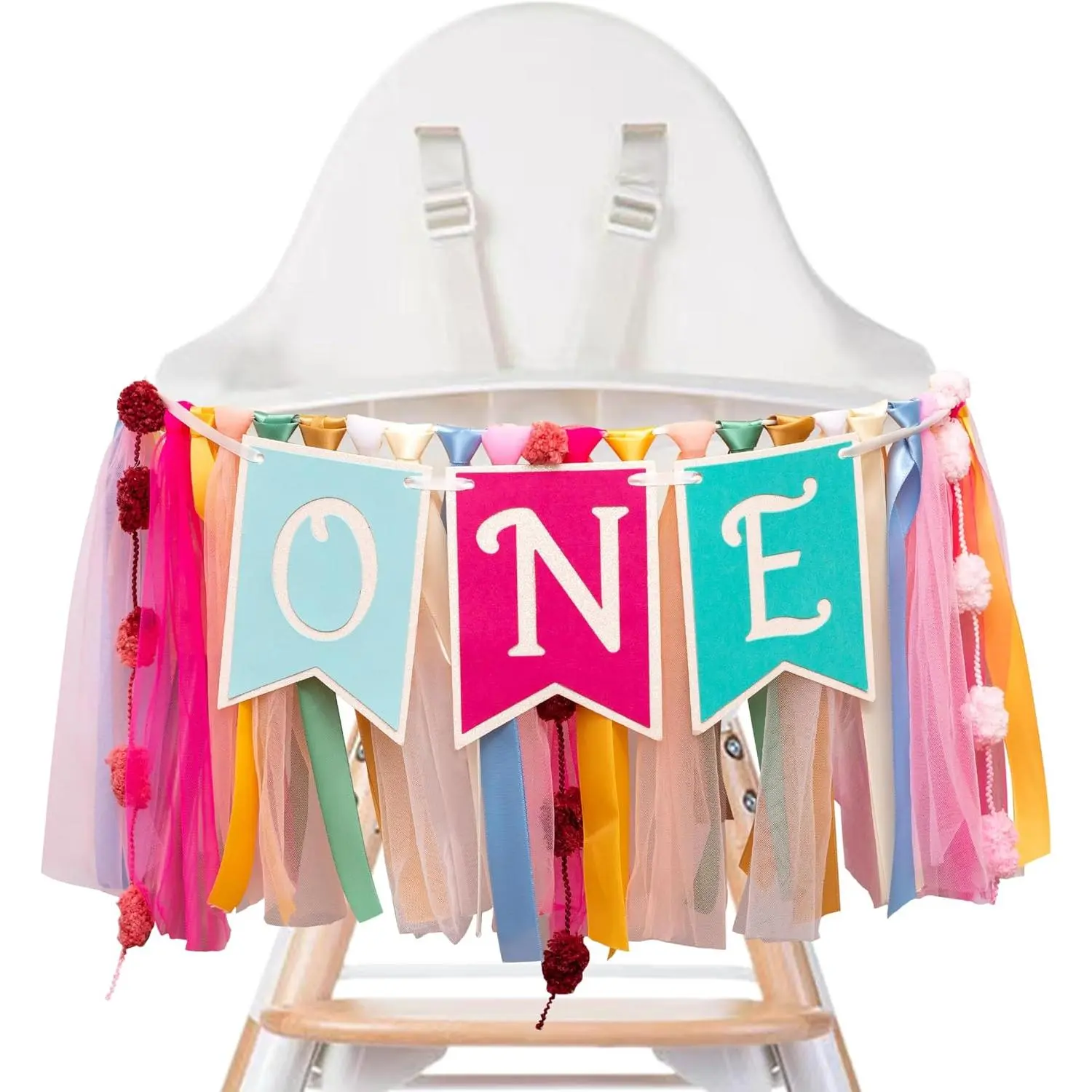 Papel Picado Theme High Chair Banner| Mexican Fiesta ONE First Birthday Fairy Party Decoration, Colorful Ribbon and Tulle Garland, Gender Neutral Highchair Decor