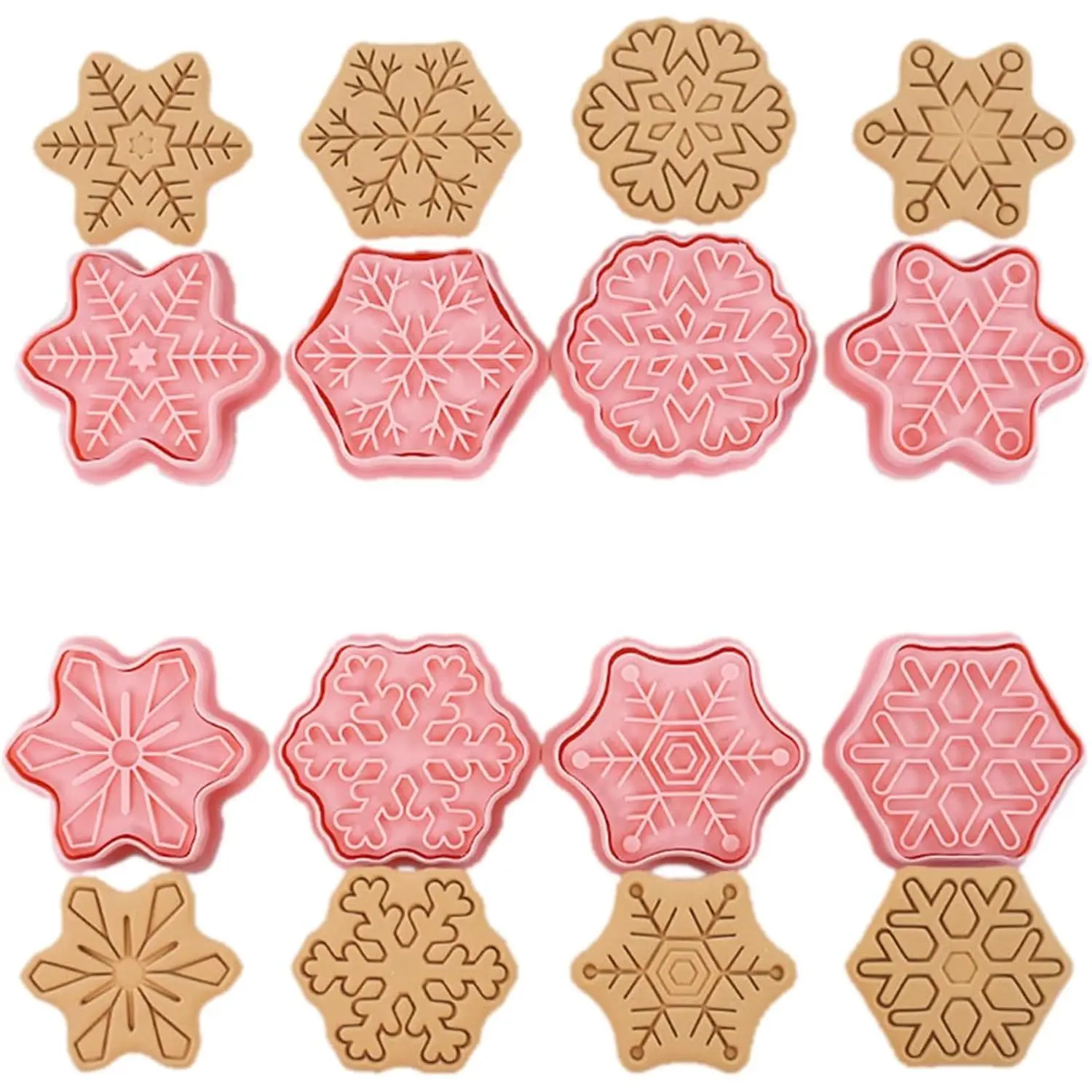 Snowflakes Shaped Cookie  Set of 8 count, Plastic Stamping Cookie Cutters Fondant Stampers for Christmas Holiday Baking Clay DIY Molds