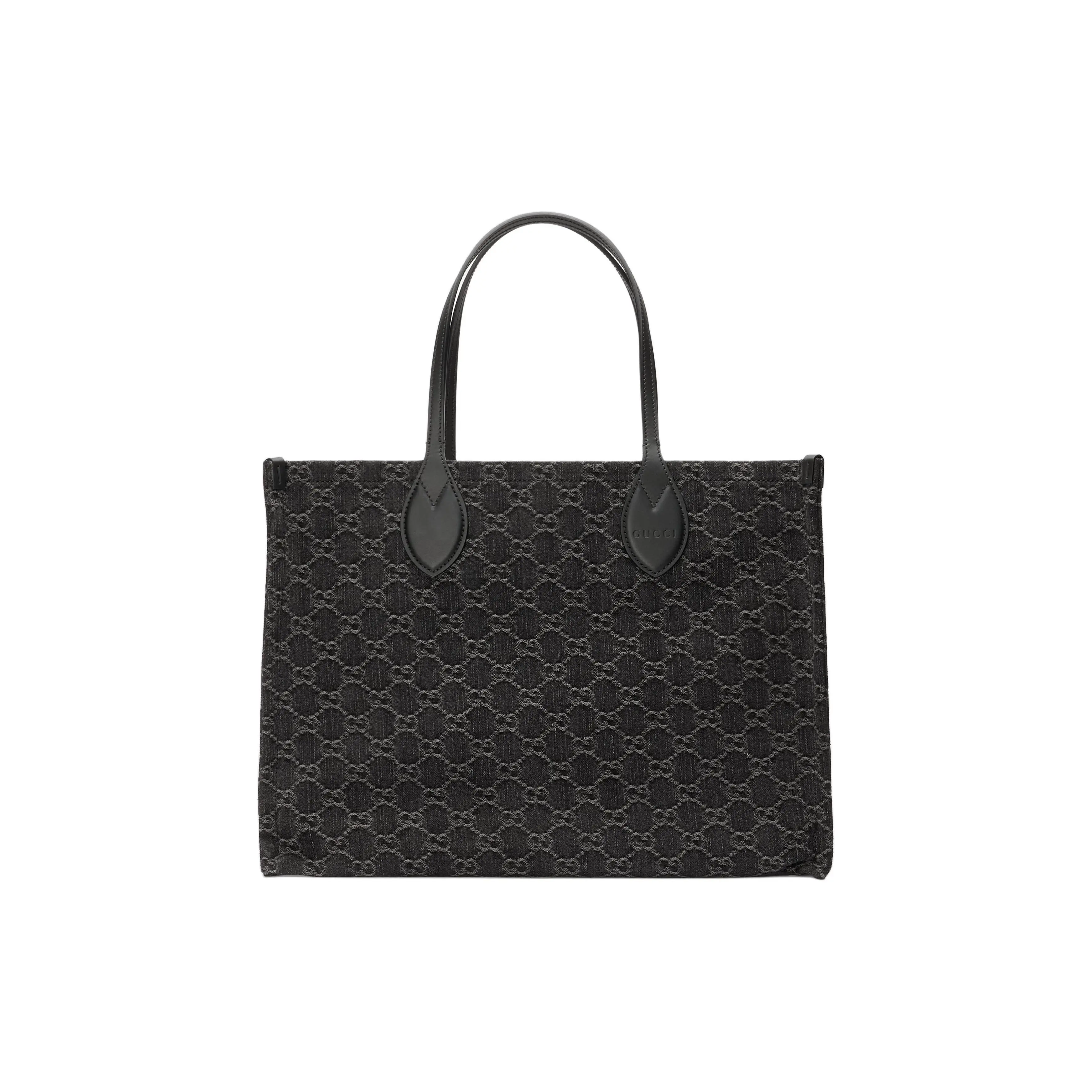 Gucci Ophidia Double G Logo Detachable Strap Denim and Leather-Trimmed Tote Bag for Women, Large Size, Black and Gray