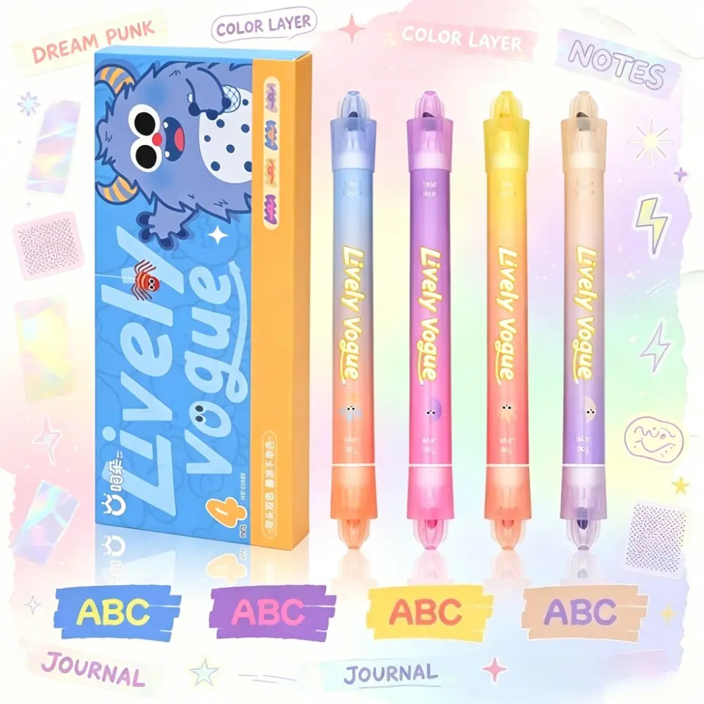 4pcs Cartoon Dual-Head Fluorescent Pens, Gradient Design, Quick-Dry Ink, Ideal for Notes, Journals, Creative Drawing, Learning & Crafting