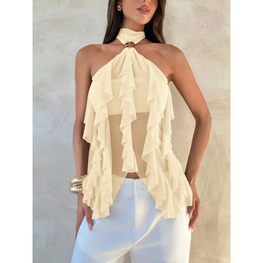 Women's Ruffled Sheer Chiffon Halter Top - Sleeveless Tie-Back Layered Blouse with Built-in Liner Womenswear Basic Minimalist