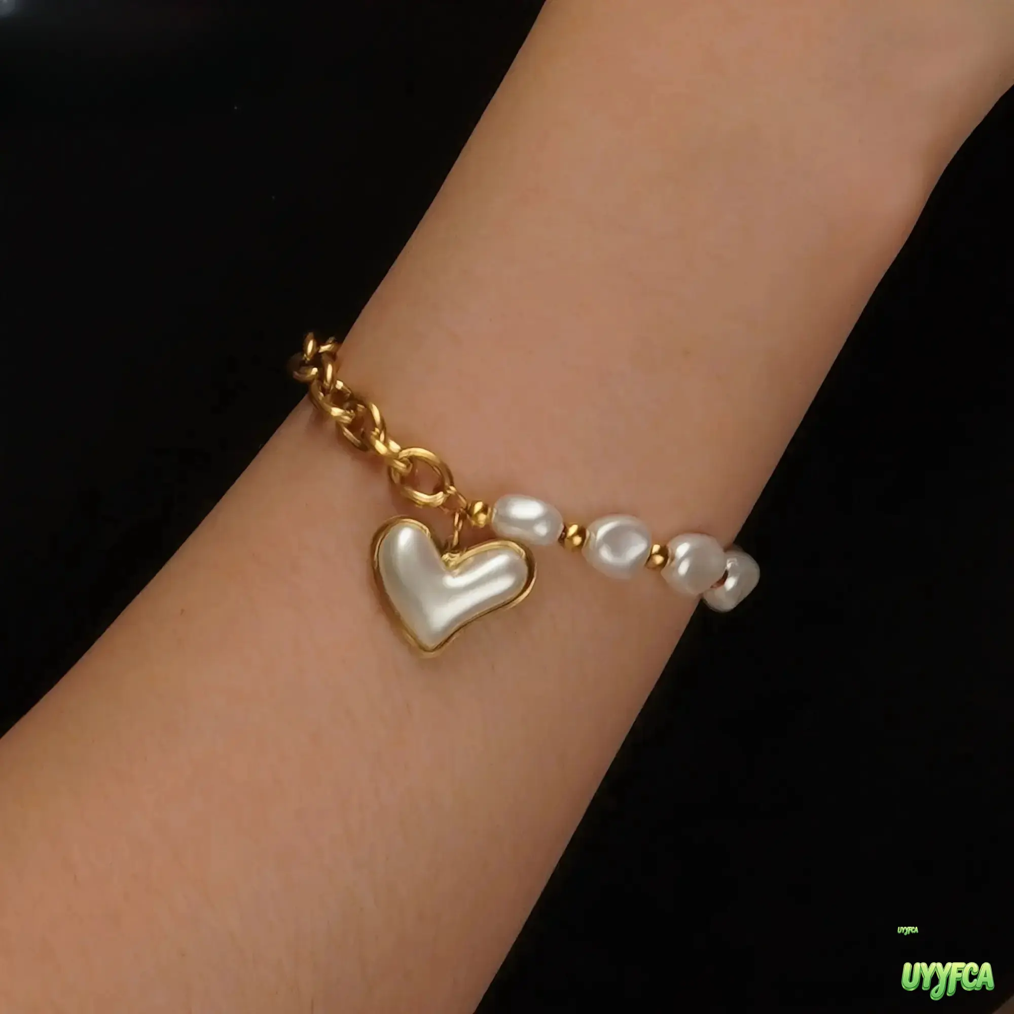 Women Asymmetrical Chunky Chain Baroque Pearl Bead Bracelet With Heart Pearl Charm,Extension Chain Waterproof Minimalist Wrist Jewelry,Exquisite Bracelet, Elegant Daily Dating Stackable Accessory Birthday Holiday Gift