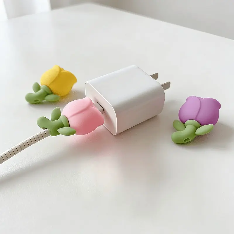3-Pack Silicone Tulip Flower Cable Protectors, Cute Decorative Charging Cables, for Phone Laptop, Home Office Travel Wire Organizer, Cord Organizers
