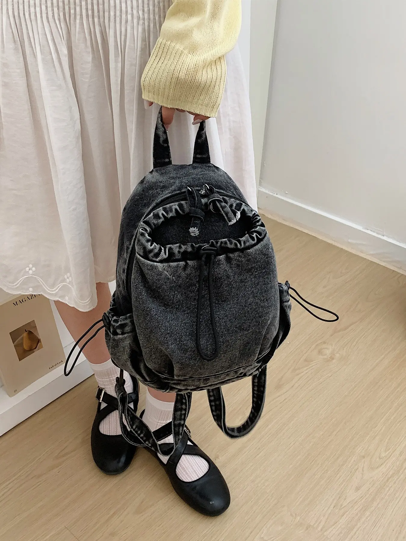 1pcWashed Denim Drawstring Mini Backpack   Retro Denim Fabric   Top Handle with Adjustable Crossbody Straps   Side Drawstring Pocket   Trendy Casual Small Bag Backpack Purse