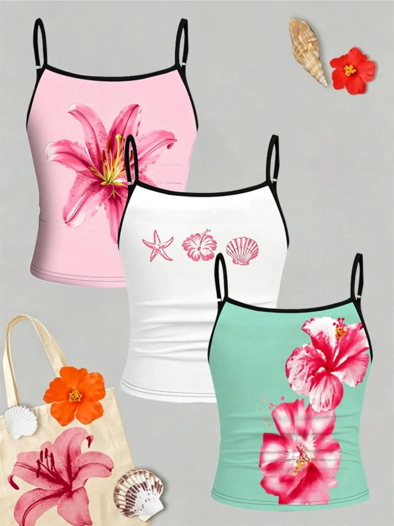 Girls' Beach Vacation Tank Top Set, 3-Piece, Casual, Floral Lily, Mint Hibiscus, Starfish Shell Prints, Adjustable Straps, Summer Wear