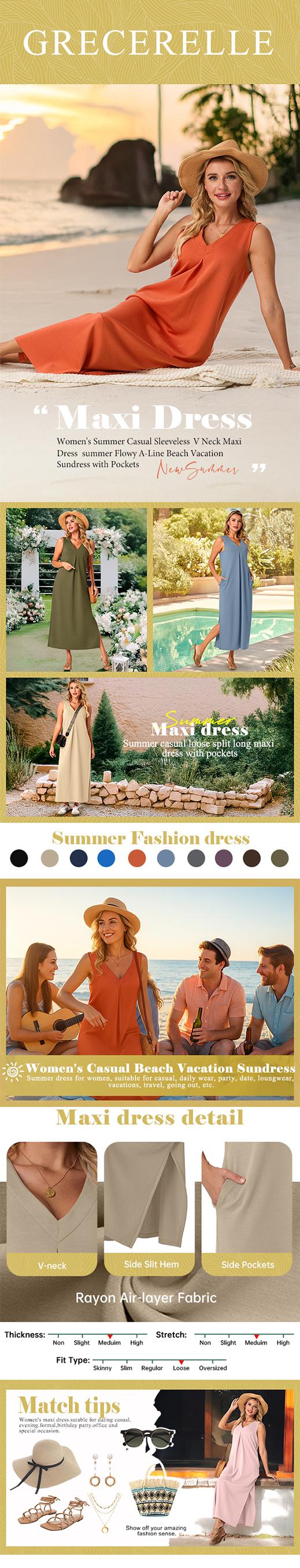 GRECERELLE Women 2026 Summer V-Neck Casual Loose Split Wrinkle-Free Long Maxi Vacation Dress with Pockets