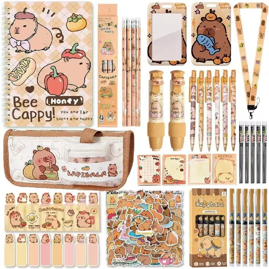 30 count Cute Capybara Stationery  Set ballpoint pens notebooks, pencil cse, sticky notes ,mechanical pencil,pencil,ID badge holder with lanyard,erasers,bookmarks