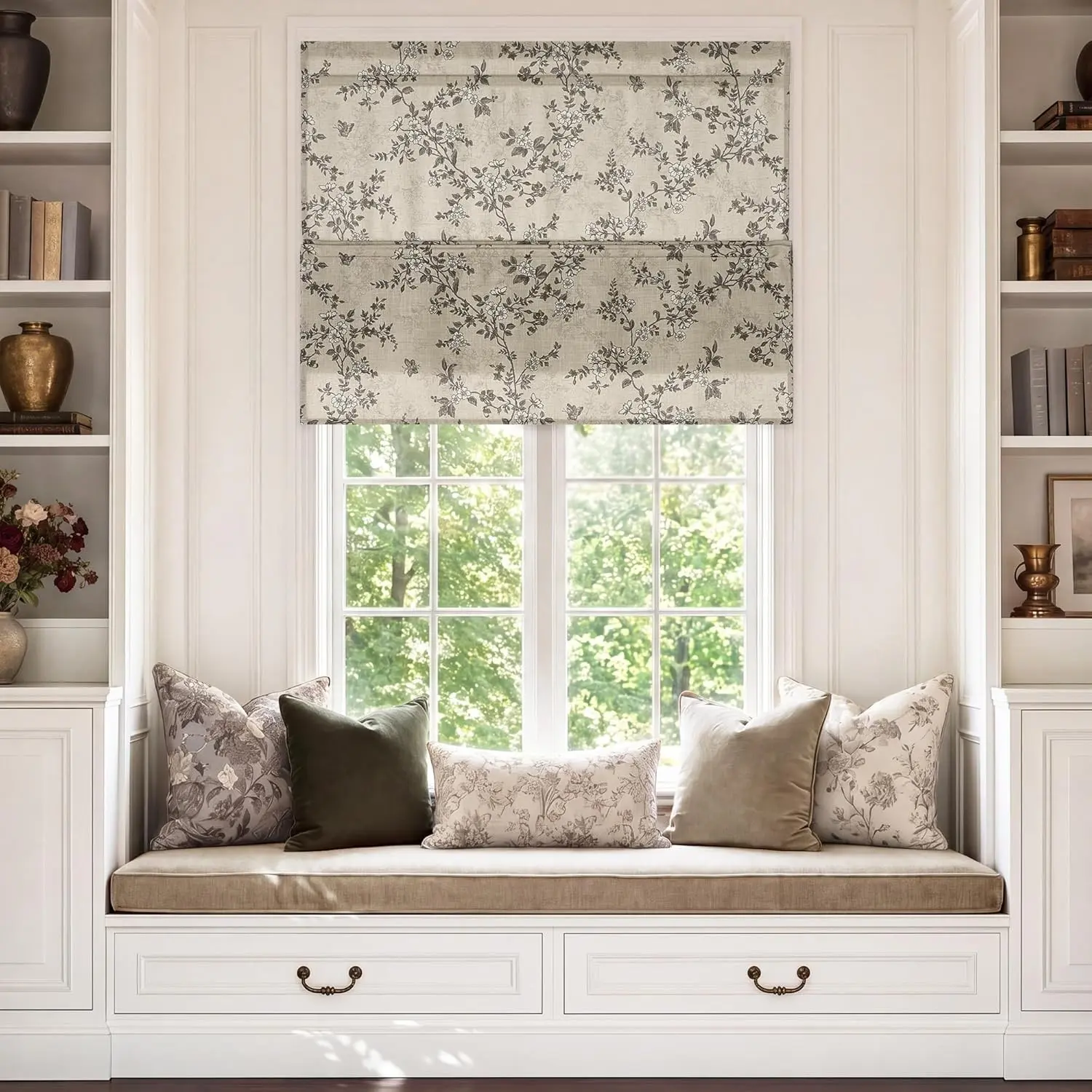 Cordless Porcelain Magnetic Roman Shades, W36 x L64 1 Panel, Linen Textured Window Blind with Cottage Botanical Pattern, Light Filtering Privacy Shade for Living Room Home Office