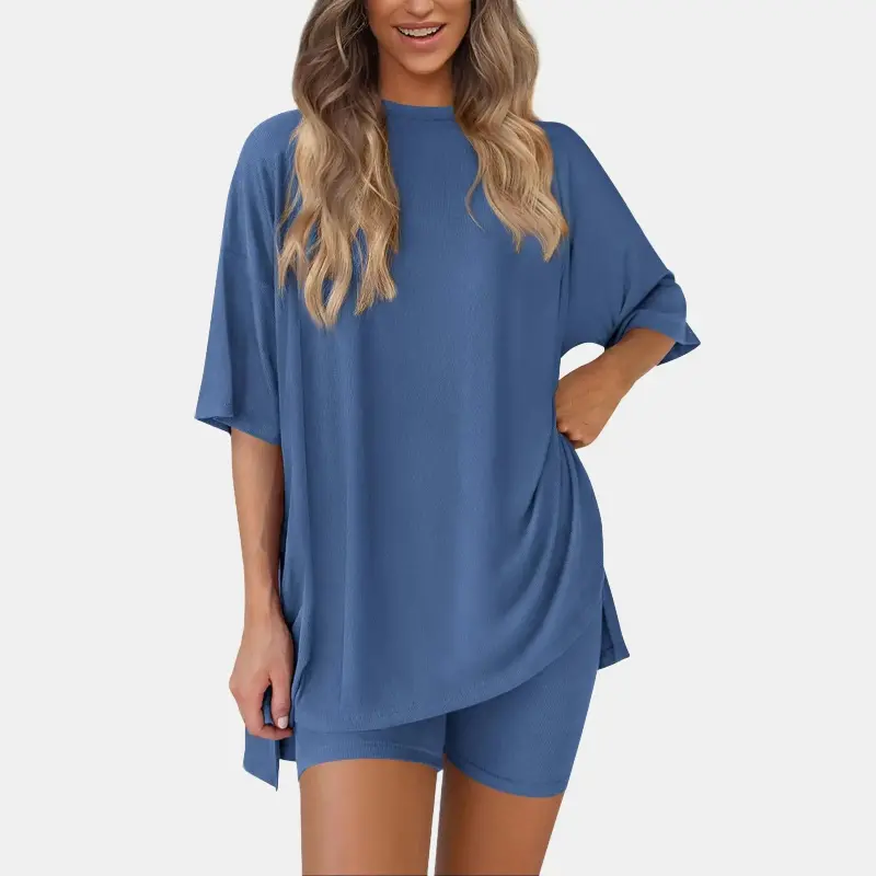 Women's Summer Two-Piece Set Casual Crewneck Split Hem Shirts & Side Pocket Biker Shorts Minimalist Lounge Wear Soft Viscose Fabric Comfy Homewear Cozy Pjs