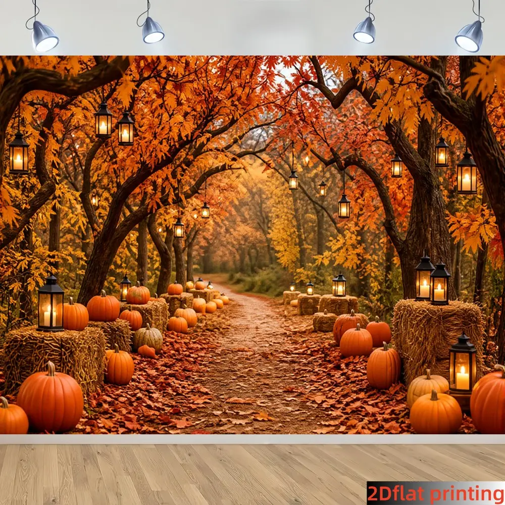 1PC 2D flat autumn maple forest autumn harvest background cloth arched red maple forest haystack pumpkin retro lantern fallen leaves autumn harvest pattern polyester fiber suitable for Thanksgiving autumn harvest photography, farm theme photos