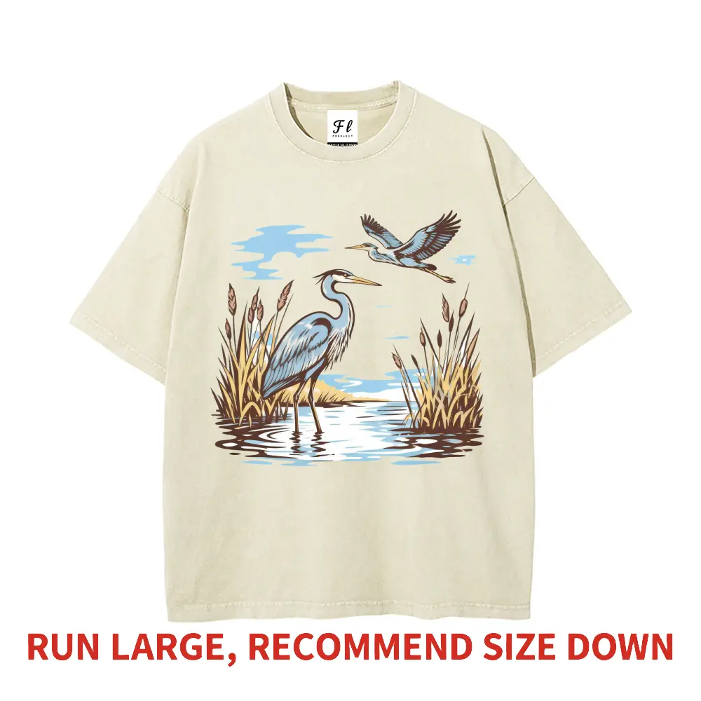 Men's Heron Graphic T-Shirt, Vintage Washed Heavyweight Cotton Streetwear Tee, Oversized Boxy Fit Short-Sleeve Top with Shape Retention, Shortsleeve, Round Neck, Graphic Art, Diy Projects, Casual, Soft, Stylish, Tshirt, Shopping, Basic, Heavy Tee, Herons