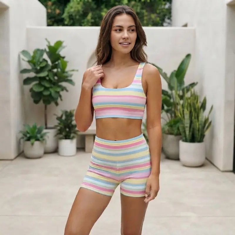 Women's Matching Sleeveless Vintage Rainbow Stripe Polyester Bikini Set, Coastal Cowgirl Aesthetic Swimwear for Summer Vacations, Polyester Clothes