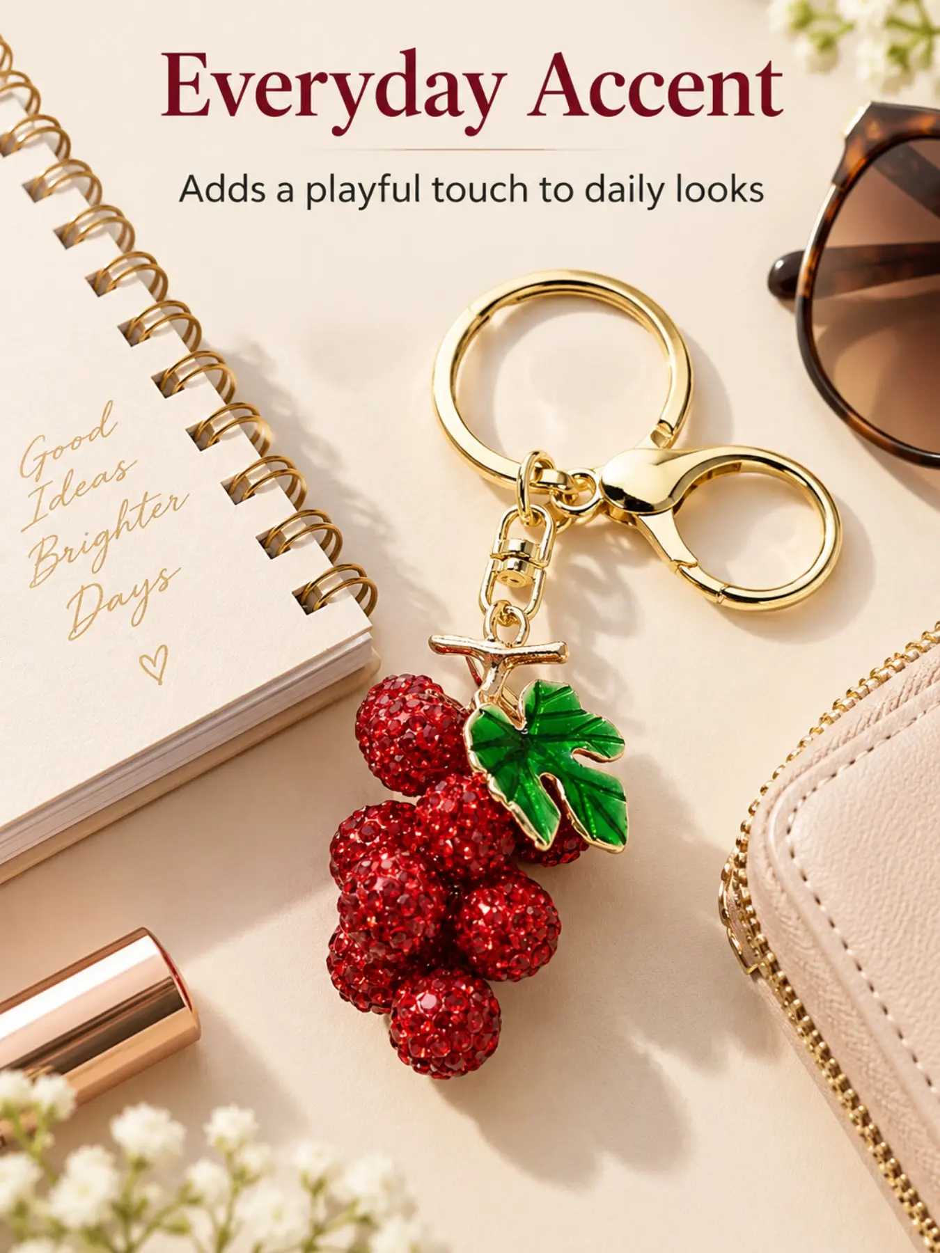 Sparkling Rhinestone Grape Cluster Glitter Keychain, 3D Bling Crystal Fruit Charm with Glossy Enamel Leaf, Gold‑Tone Lobster Clasp Bag & Car Pendant, Cute Fruit‑Core Accessory Available in Purple Red Green, Lovely Sparkly Gift for Girls and Women