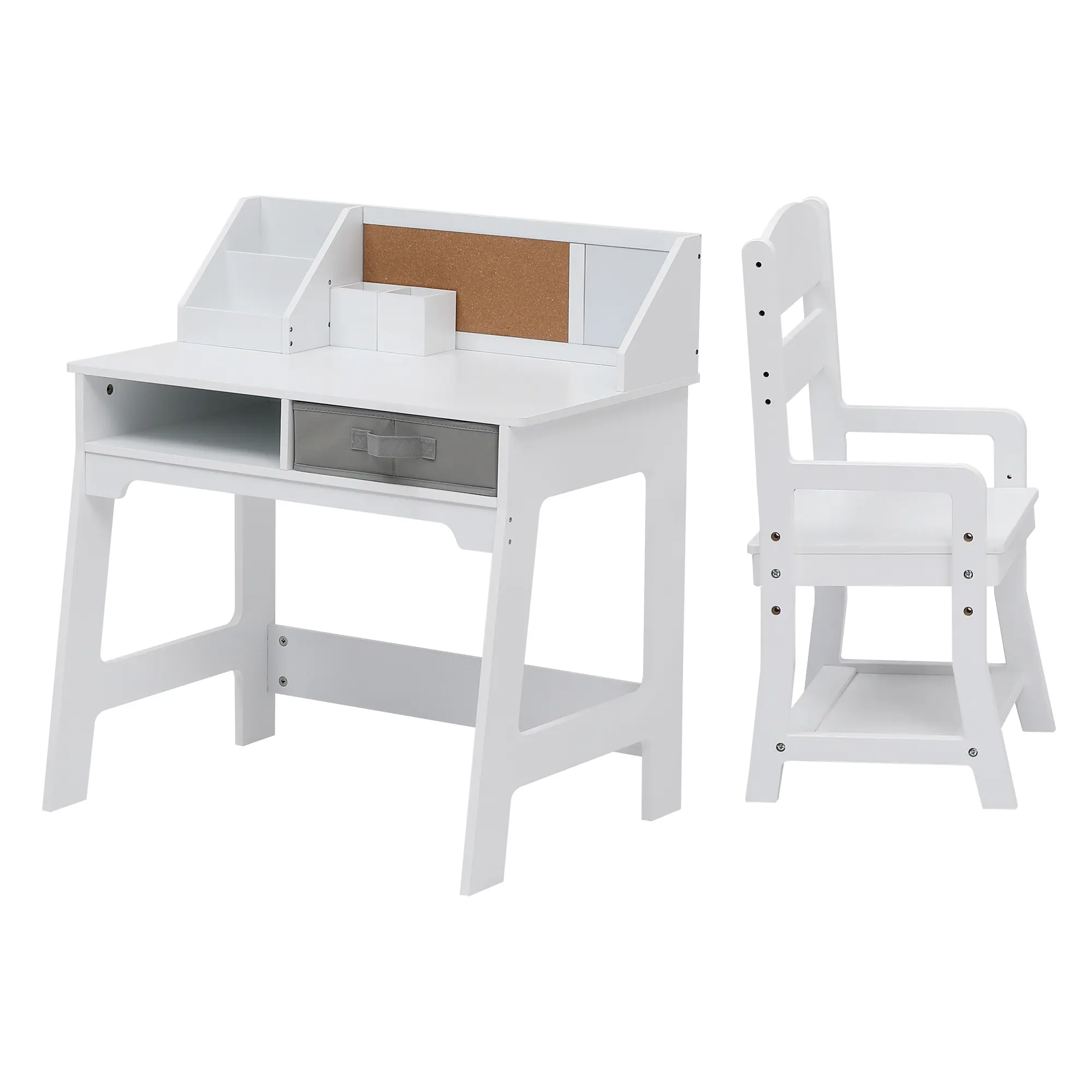 Study Desk Chair Set, Compact Kids Study Table Set with 2 Open Drawers, Adjustable Chair, a Corkboard, a Hutch, 2 Pen Holders, Wooden Student School Table Chair Set, Homework Table, White