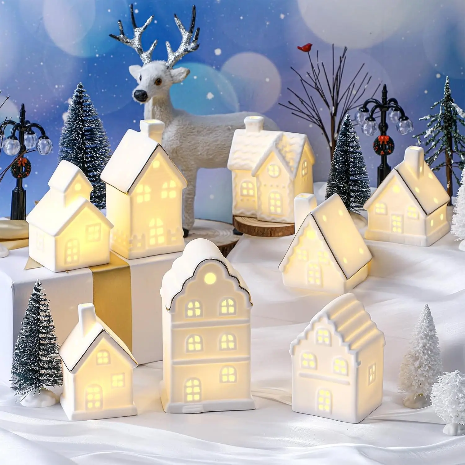 28 Pcs Ceramic LED White Christmas Village Set Include 8 LED White Christmas Village Houses 18 Xmas Trees 2 Lamp Post Scenes Decor Xmas Figurine Decoration Tabletop Mantel Shelf(Cute)