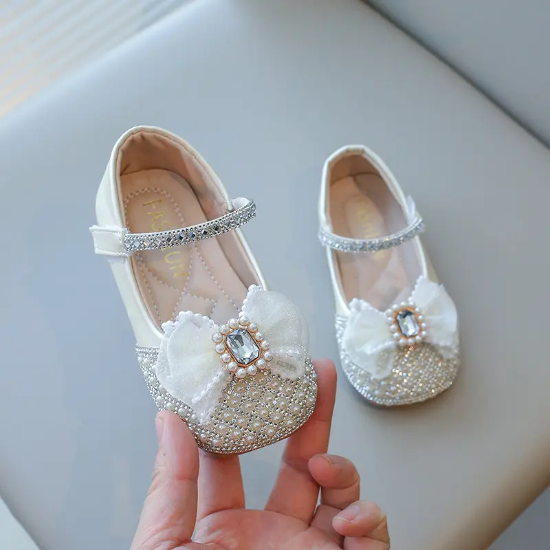 Girls' Rhinestone Beaded Dance Shoes with Closure & /PVC Sole Suitable for Wedding,, Stage Performances - Round Toe Flat Sole with Beads/Bows, Cushioned Insole for Recitals, Year-Round Wear ( to)