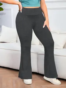 【Plus Size】 Solid High Waist Flare Leg Sports Leggings, High Stretch Fitness Yoga Pants, Ladies Sportswear for Indoor Outdoor Wear, Solid Color Leggings, Gym Sportswear Bottoms, Flared Yoga Bottoms, Stretchy Workout Leggings