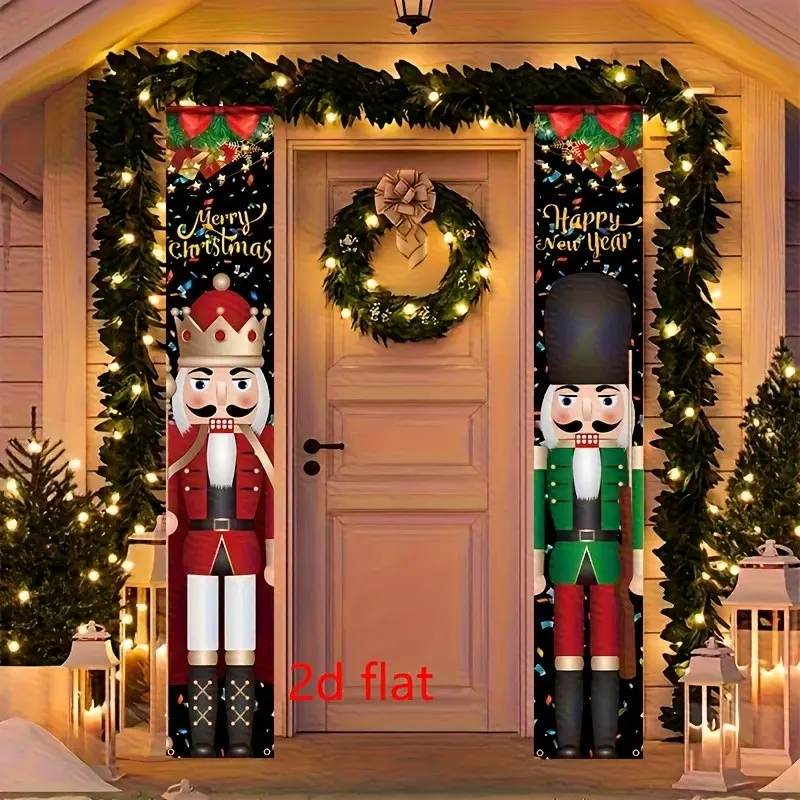2D Flat Banner 2pc Christmas Nutcracker Door Curtain, Military Style, Polyester, Indoor Outdoor, 70.8x11.8 Inches, Easy Hang, No Power Needed
