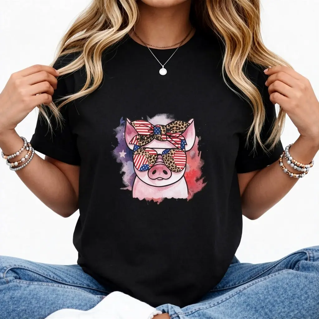 American Independence Day Piglet print T-shirt,Cotton,Funny 4th Of July, Independence Day, Red White Blue,Shirt, Patriotic Shirt, Unisex Tee Top Womenswear Streetwear Tshirt graphic tee,Unisex