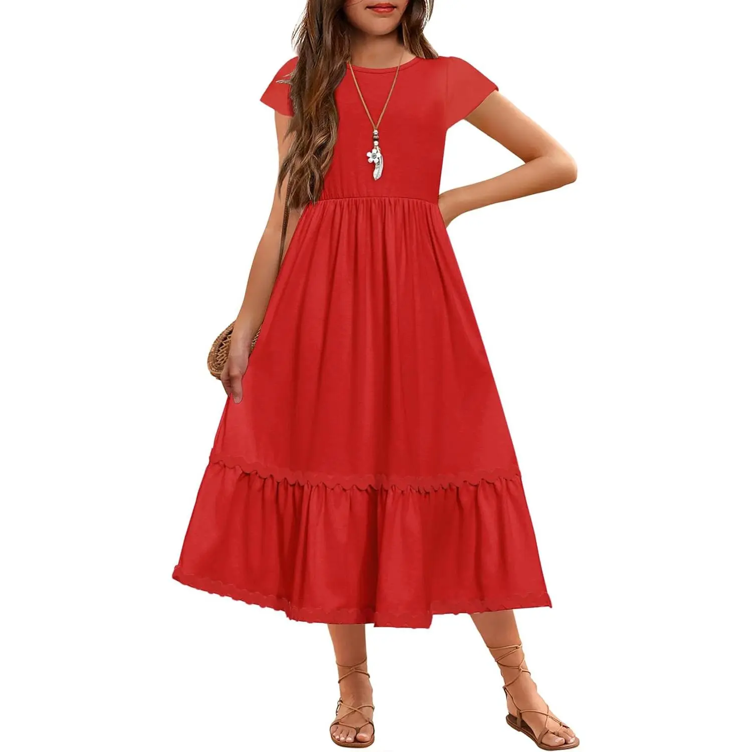 Girls Summer Maxi Dresses Short Sleeve Casual Flowy Tiered Dress with Pockets for 4-14 Years