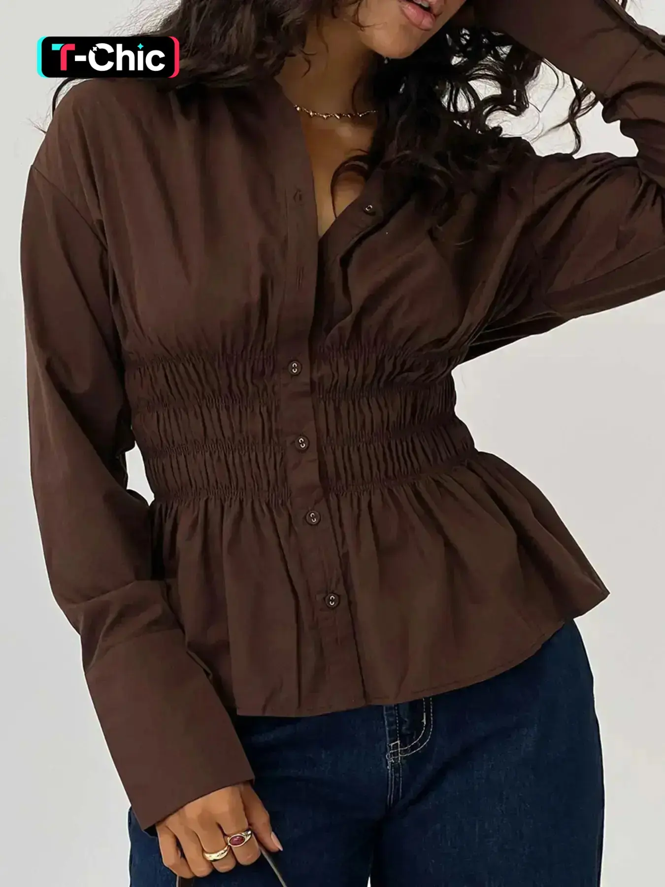 Women Long Sleeve Shirt Elegant Slim Sheath Outfit Sexy Solid Top Shirt Blouse