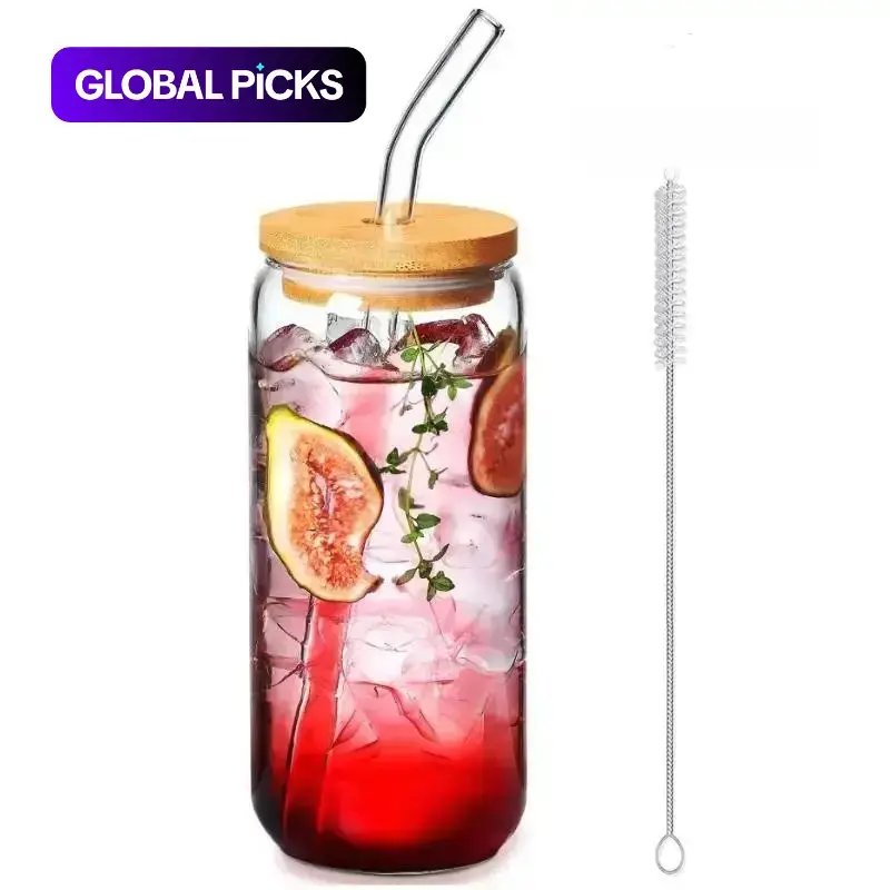 Glass Cup Set with Lids, Straws and Cleaning Brushes, 16 oz Clear Can-Shaped Drinking Glasses for Iced Coffee, Juice, Milk Tea and Beer, Party Glass Set and Birthday Gift Idea #GLOBAL PICKS