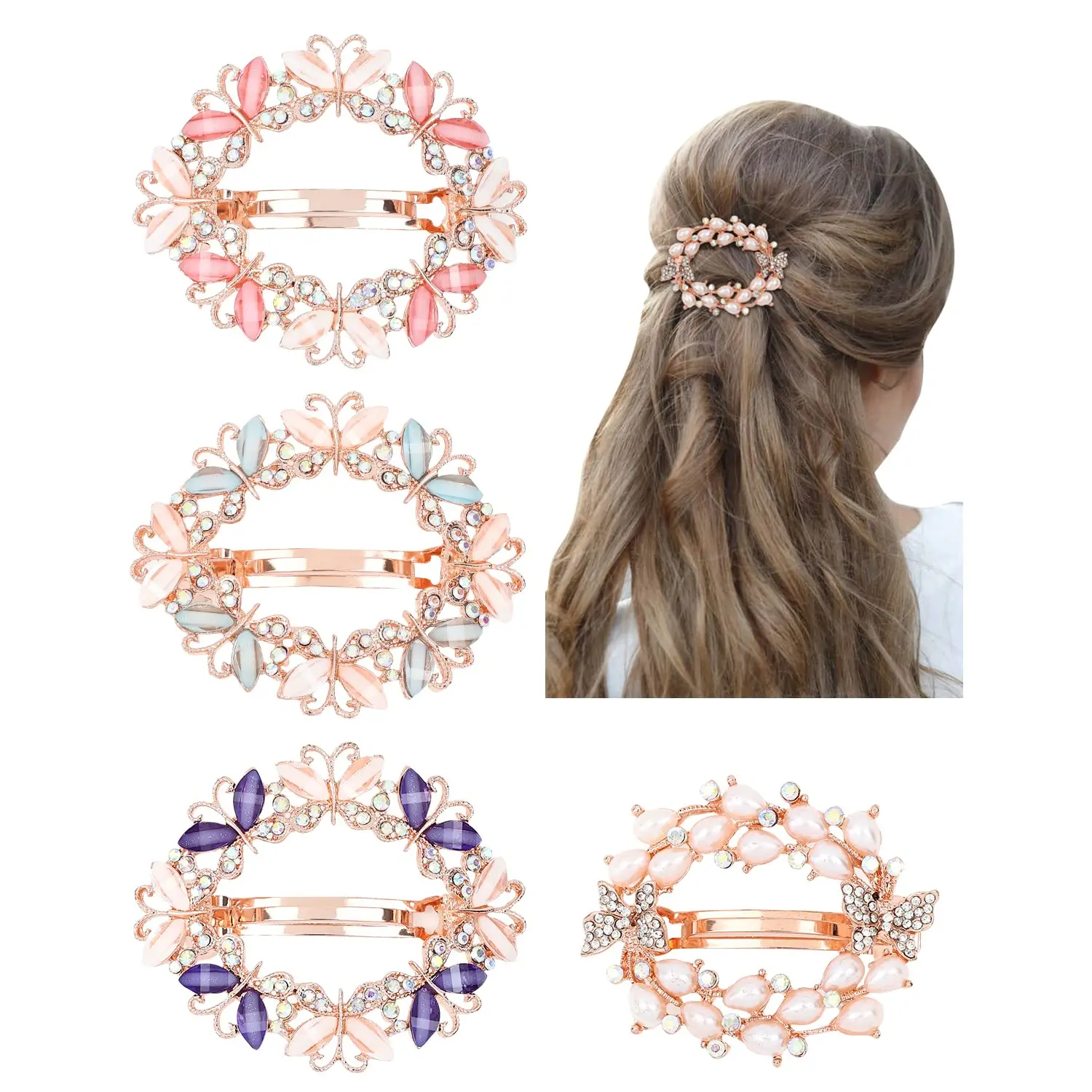4 Pack  Glitter Sparkly   Rhinestones  Butterfly Metal  Barrettes  Snap Hair Clips Pins Accessories for Women Girls