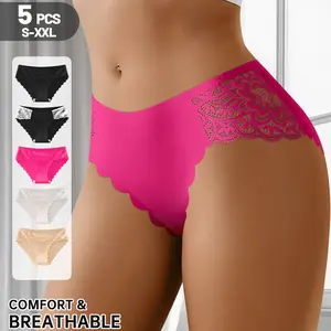 QUASTI Women's 5 Pack Mid Waisted Lace Panties, No Show Seamless Lightweight Soft Briefs, Basic Fit Sweet Minimalist Elegant Scalloped Edge Sexy Underwear for Daily Wear S-XXL