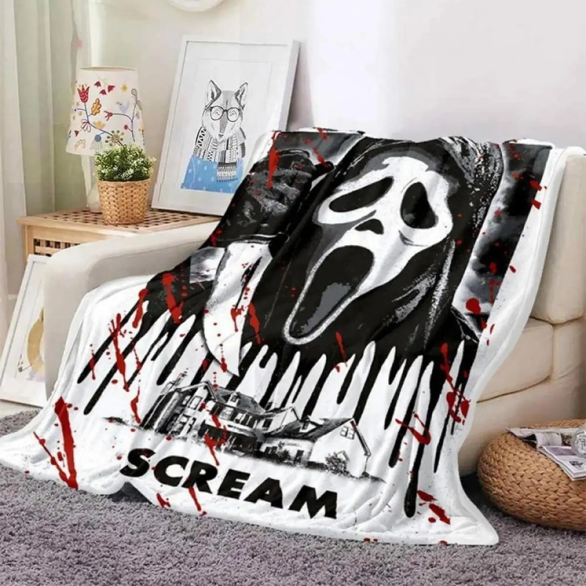 Ghostface Flannel Throw Blanket, Classic Retro Vintage Horror Print, Ultra-Soft, Warm, No-Pilling, Lightweight for Adult Movie Nights, Art Print Blankets, Black Pattern Blankets