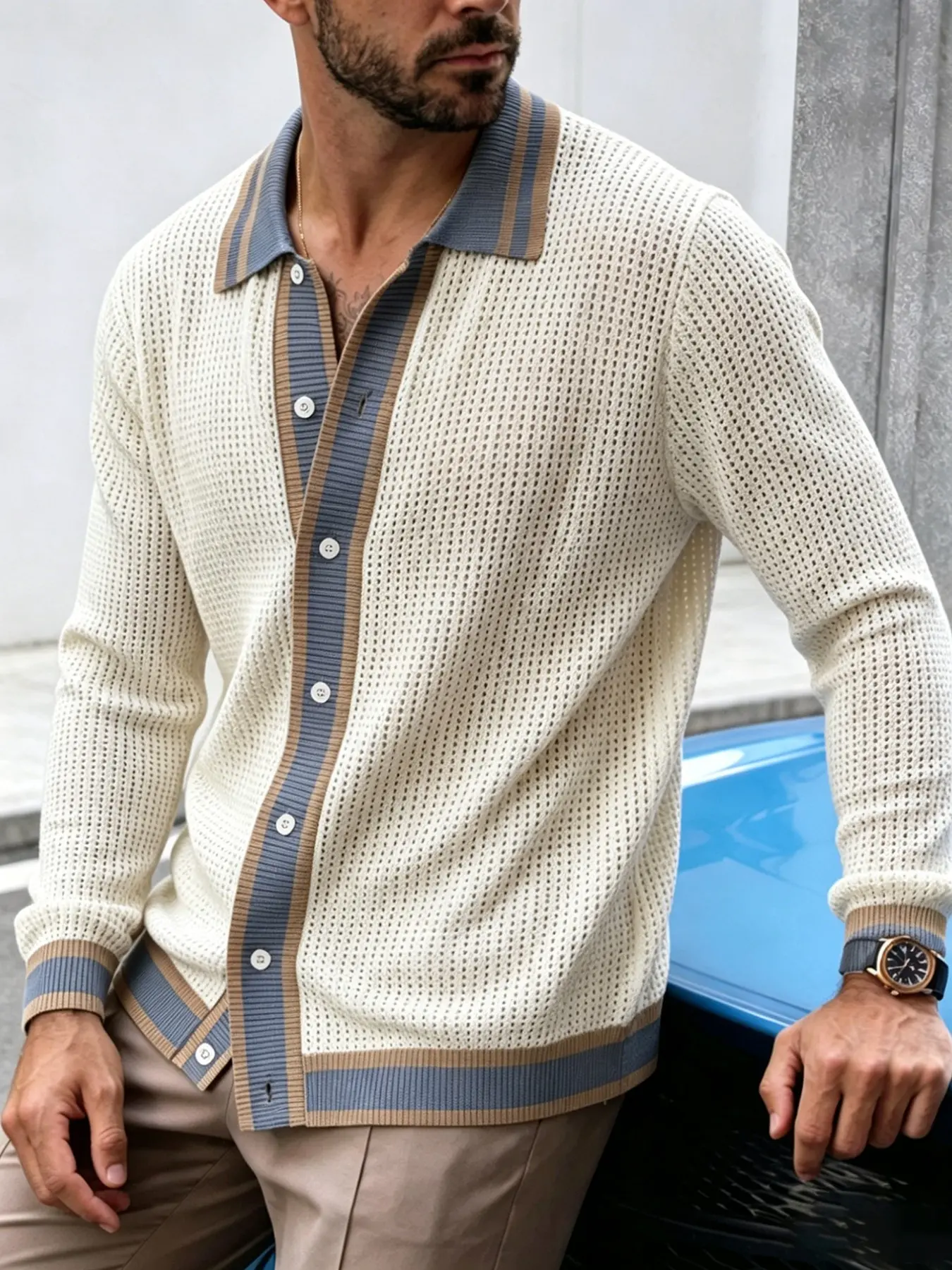 Men's Casual Knit Jacket, Vintage Colorblock Striped Lapel Mesh Design, Hollow Out Breathable, Street Fashion Long Sleeve Cardigan