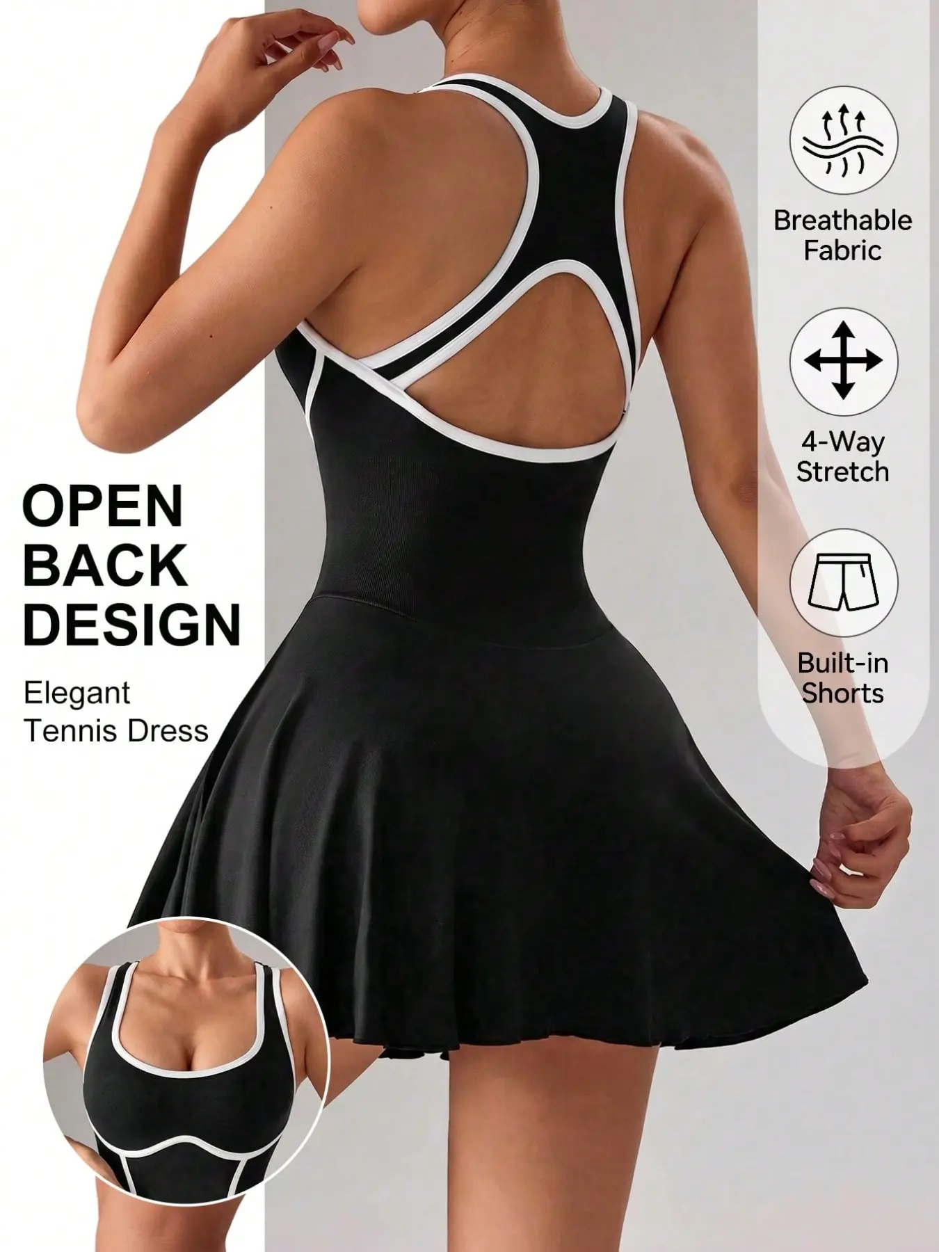 Breathable Quick-Dry Four-Way Stretch Tennis Skirt, Trim Colorblock U-Neck Backless, Women's Golf Yoga Fitness Shorts Skirt, Elegant Tennis Dress, Backless Sports Dress