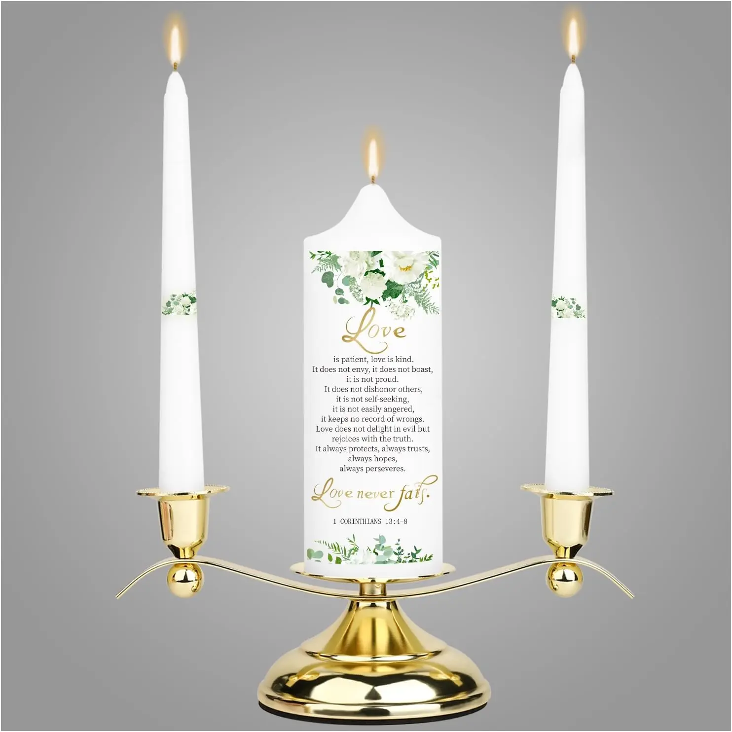 3 Unity Floral Candles for Wedding Ceremony Set with Golden Holder, Wedding Accessories for Reception