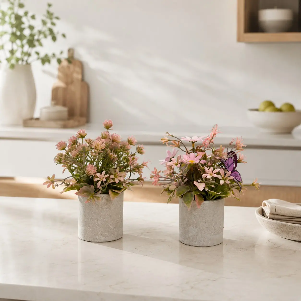 2pcs Realistic Floral Paper Pot Set, Wildflowers, Daisies, Leaves, Butterfly Decor, Low Maintenance Indoor Decoration