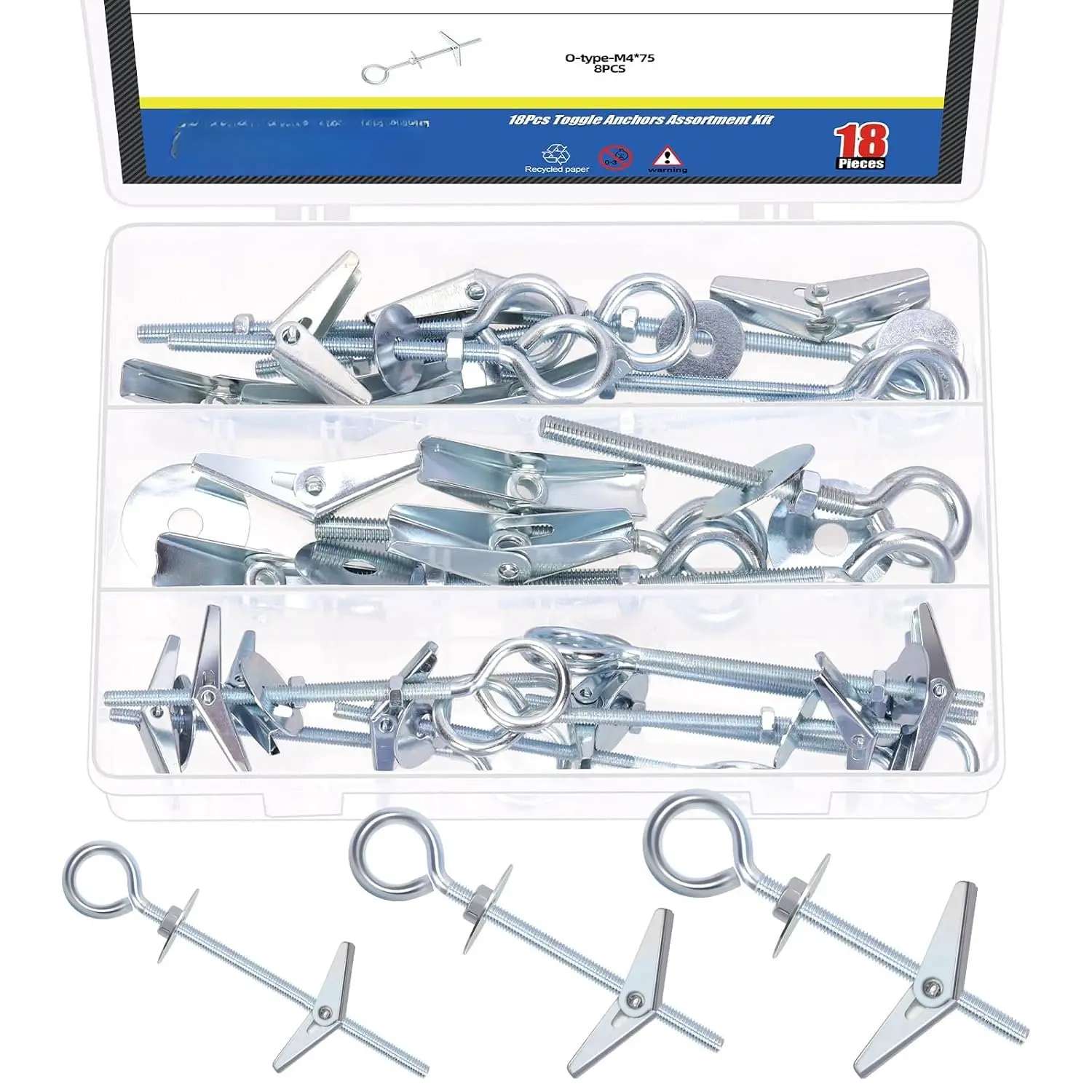 18 count M4 M5 M6 O-Shaped Eye Bolt Toggle Anchors Set for Drywall, Toggle , Butterfly Anchors, Spring Toggle Wing  for Ceiling, Sheetrock, Hollow Wall