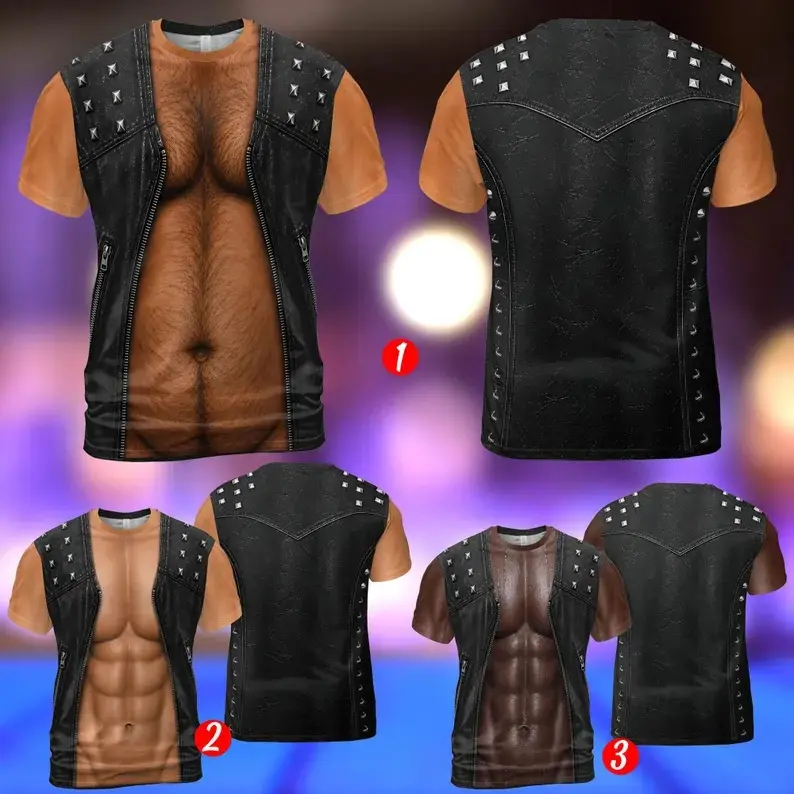 3D Hairy Biker Body T-Shirt for Men, Funny Leather Vest Muscle Illusion Shirt, Adult Party Costume Tee for Bachelor Beach Halloween Gift # TikTokMadeMeBuyIt # PatrioticMensShorts # SummerBeachWear # GiftForMen