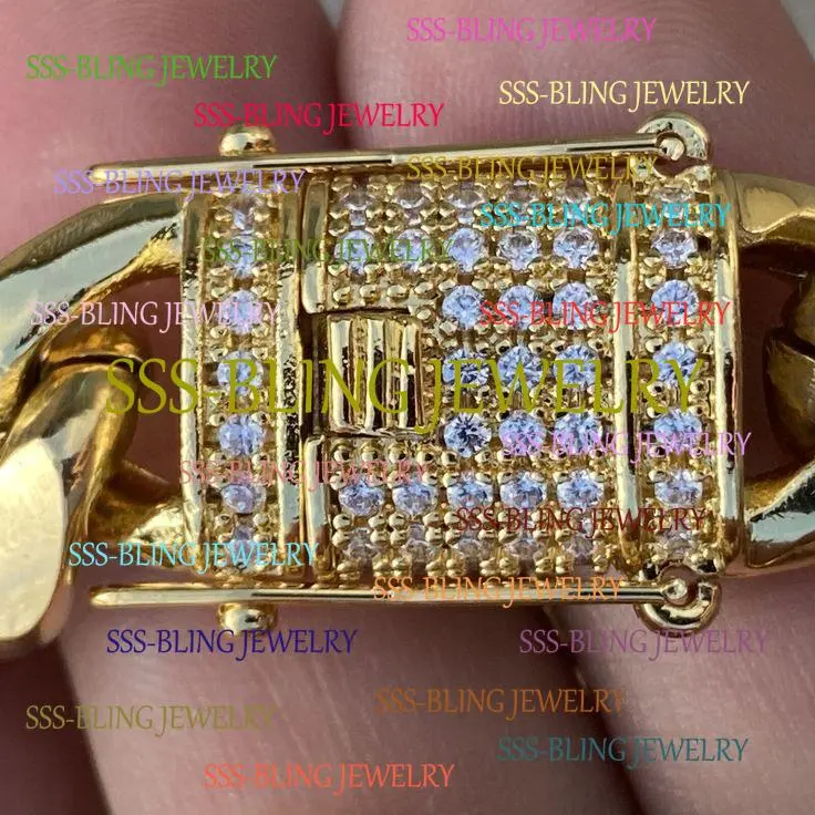 6/8/10/12/14mm Width 14k Yellow Gold Plated Miami Cuban Link Chain Bracelet Stainless Steel Bangle With Diamond