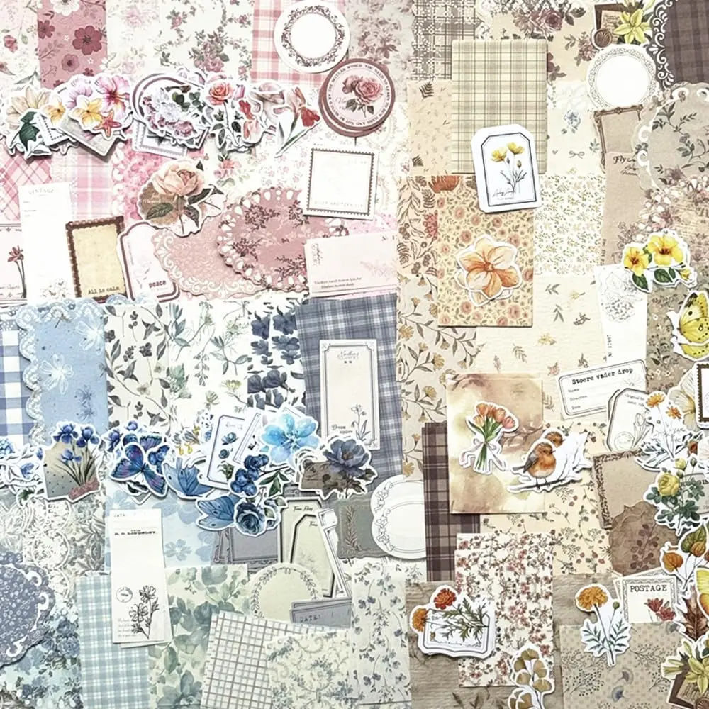 300-Count Floral Scrapbook Paper Set with Label Stickers, Blue Yellow Brown, Modern Crafting Supplies for DIY Scrapbooking & Stamping