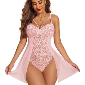 Hot Lingerie For Women Floral Snap Crotch Chemise Nightie Lace Nightgown Soft Polyester Mesh Bodysuit with Adjustable Straps