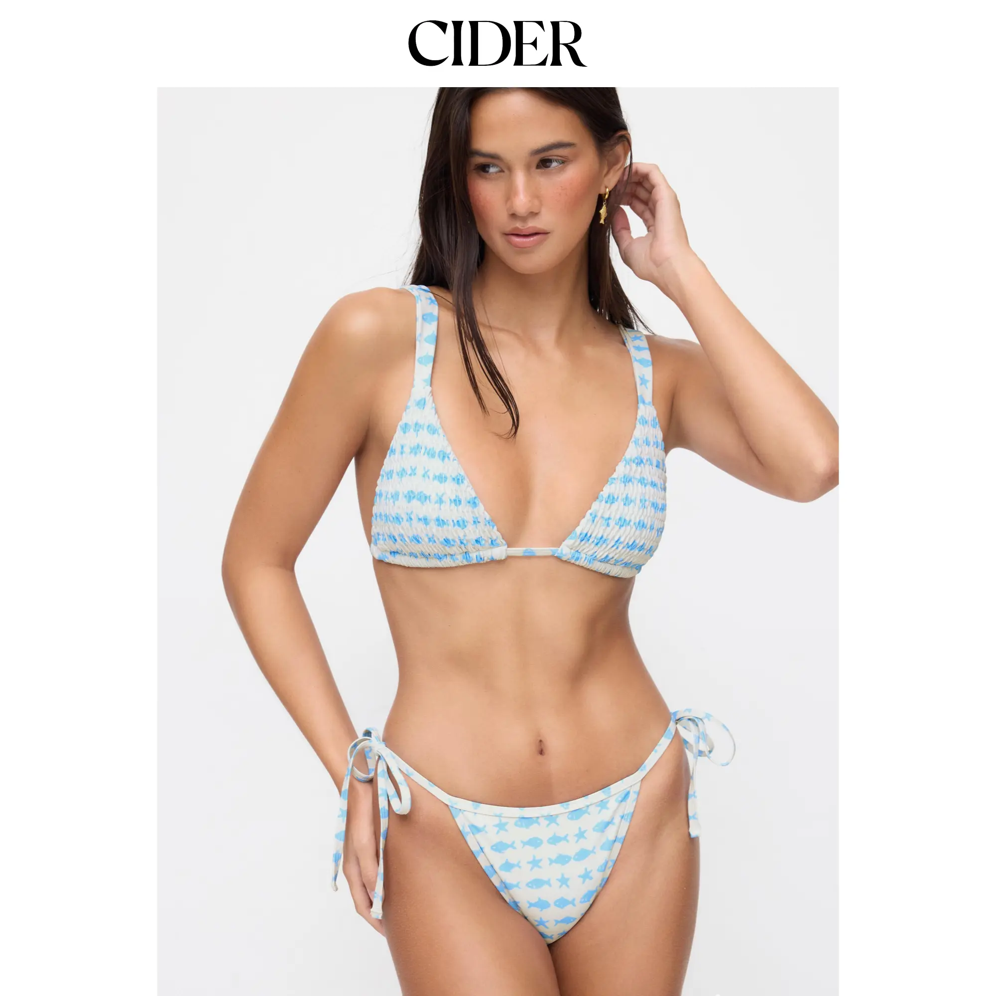 Cider V-neck Fish & Starfish Graphic Shirred Triangle Bikini Set