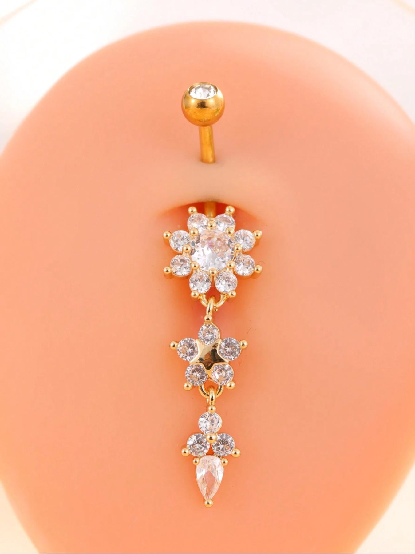 Women's Elegant Butterfly & Flower Design Belly Rings, Stainless Steel Belly Button Rings, Cute Trendy Belly Piercing Jewelry, Fashion Body Jewelry for Party & Daily Decor