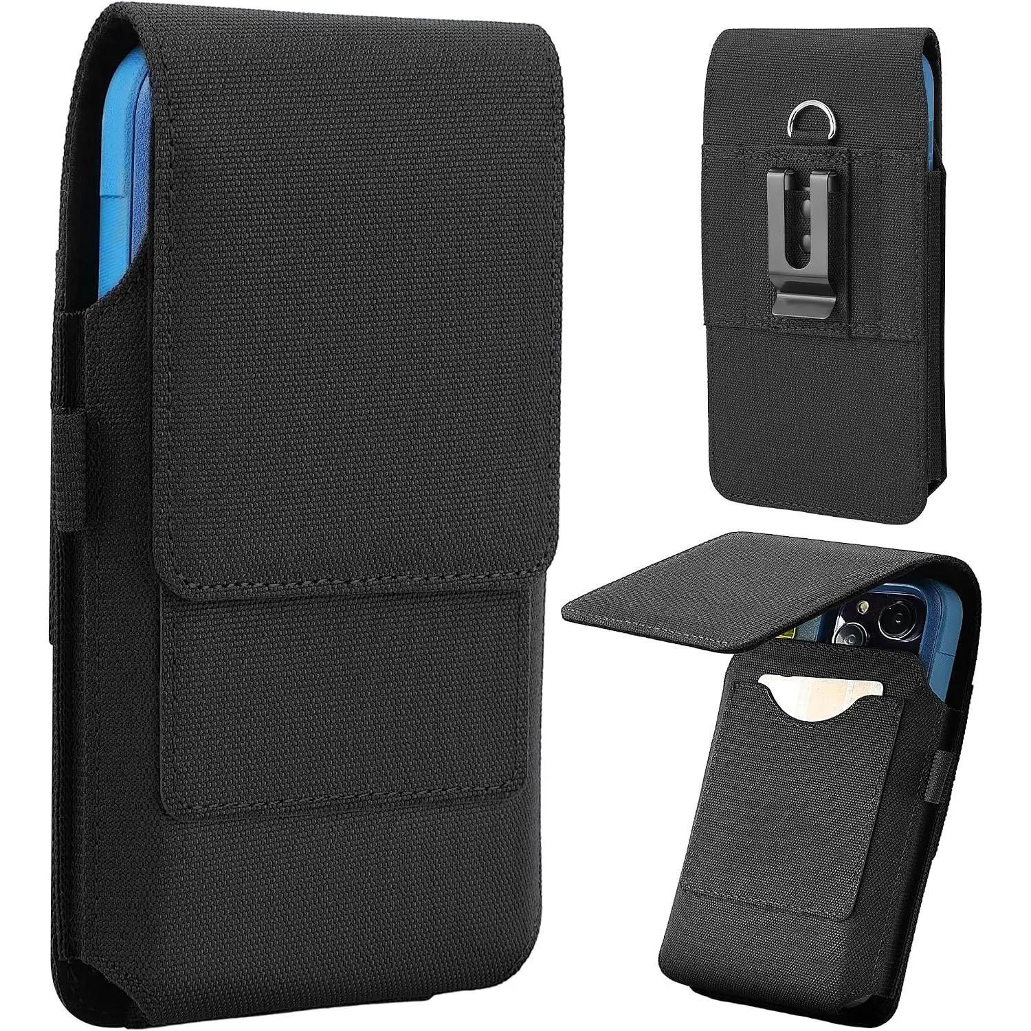 Nylon Smartphone Pouch Holster - Handheld Protector Case with Belt Clip, Card Slot for iPhone 17/16/15/14/13/12/11 Pro Max, Galaxy S25+/S24+/S23+/S22+/S21+ (Black) Mobile Phone Accessories