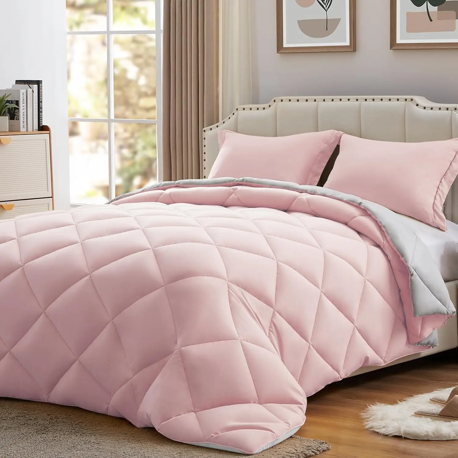 Comforter Set &Grey,3 Pieces Lightweight Comforters  Size Reversible Bedding Comforters Sets,Down Alternative Comforter Bed Set Quilt Blanket(88x88In Comforter & 2 Pillowsham)
