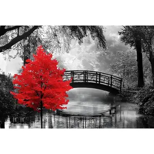 Adult Puzzle Classic Jigsaw Puzzle 1000 Pieces Wooden Puzzle DIY Black and White Bridge and Red Tree Modern Home Decor Intellectual Game Wall Art Unique Gift 75x50cmfidget toys