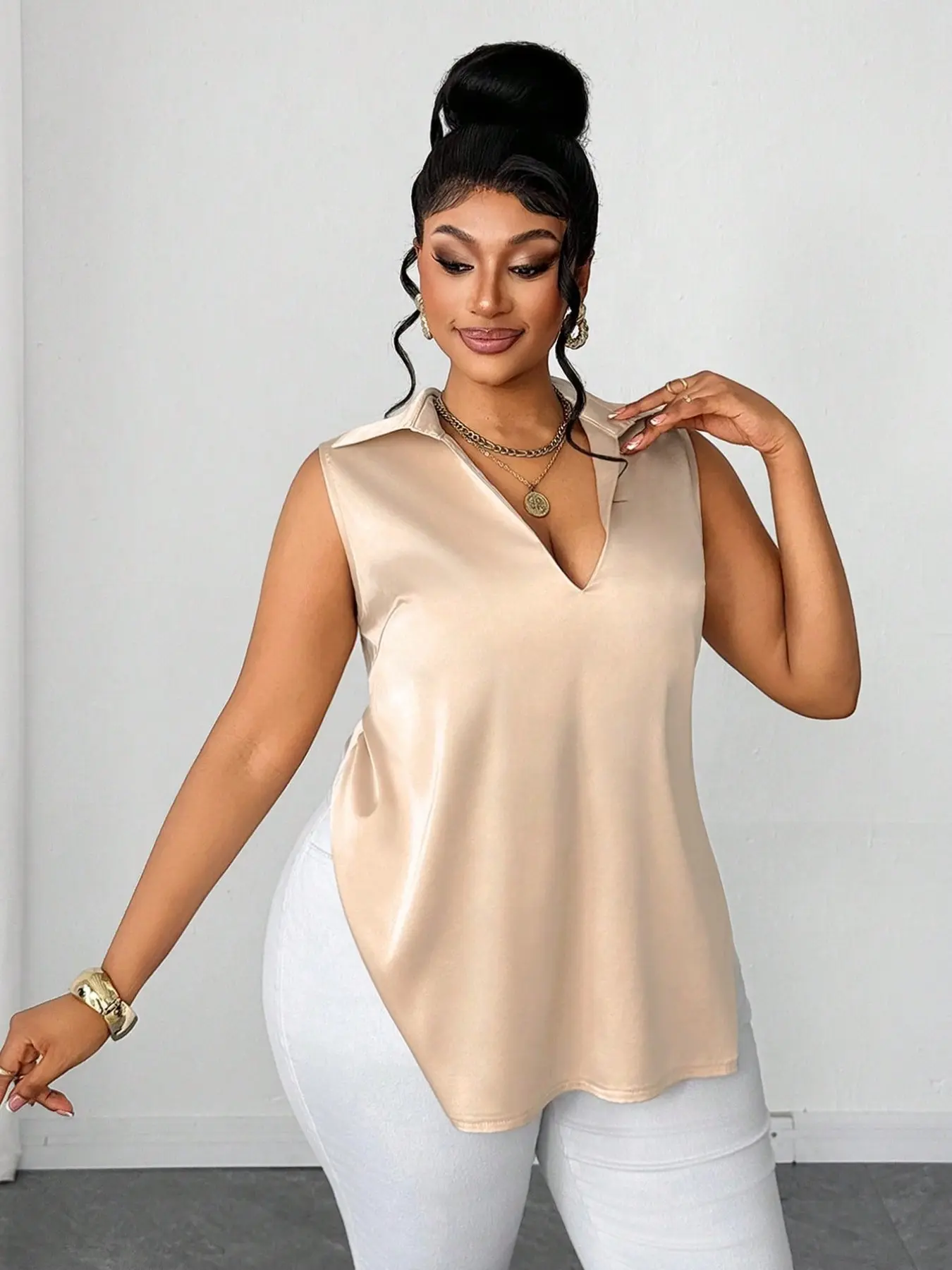 Plus Size Women's Luxe Satin Sleeveless Blouse Shirts Tops, Champagne Color Notched Neck Deep V Front, Slim Fit Office Casual Wear Elegance