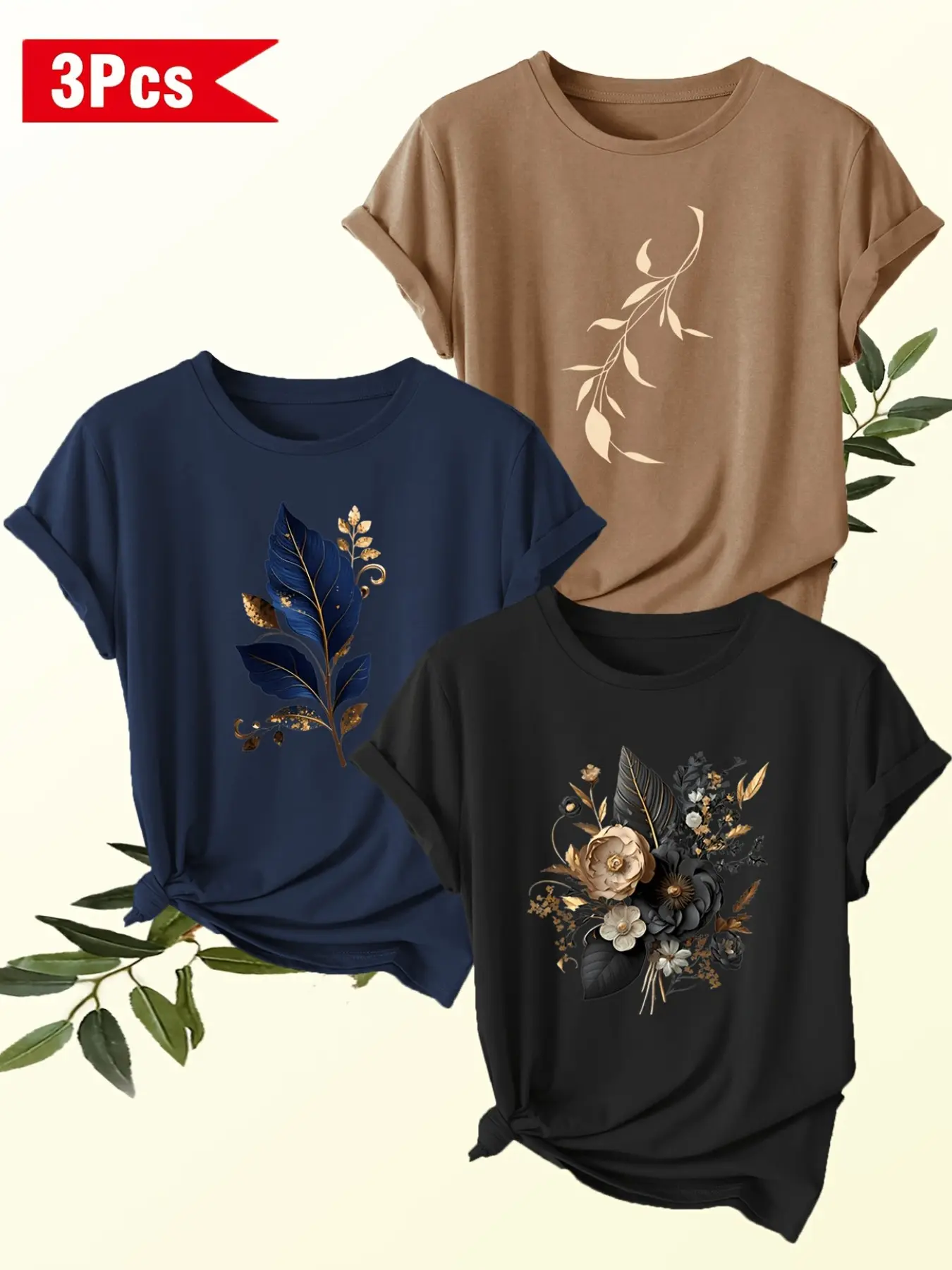 Women's 3-Pack Round Neck Short Sleeve T-Shirts, Floral Print, Soft Knit, Casual Comfort, Daily Wear, Outdoor Fashion, Leaf