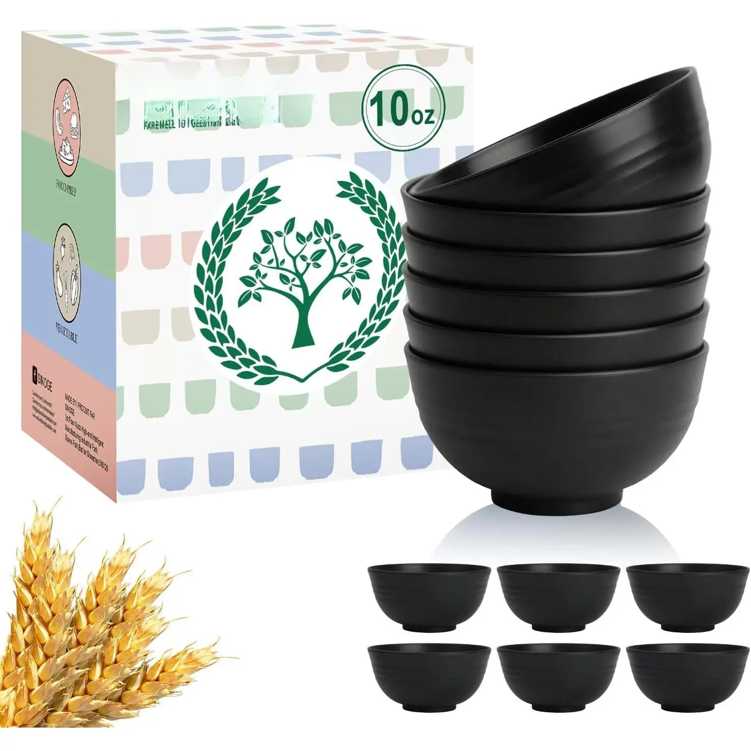 Small Bowls Unbreakable Wheat Straw Dessert Bowls 10 OZ Lightweight Stackable Bowls for Camping,RV Dishwasher Safe Plastic Cereal Bowls for  ,Dorm,Outdoor(Black, 6 count)