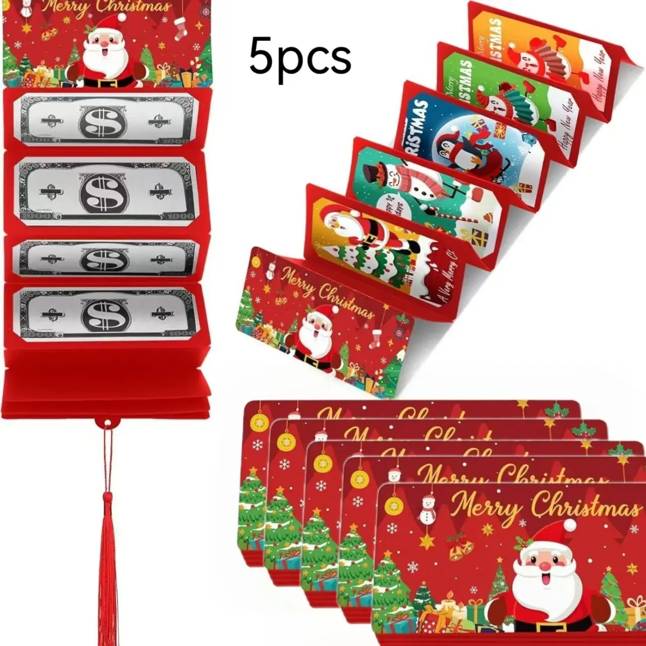 5pcs Christmas Envelopes with Santa Design, 10 Slot Money Holder for Holiday Gifts, Party Favors, Kids & Adults ()