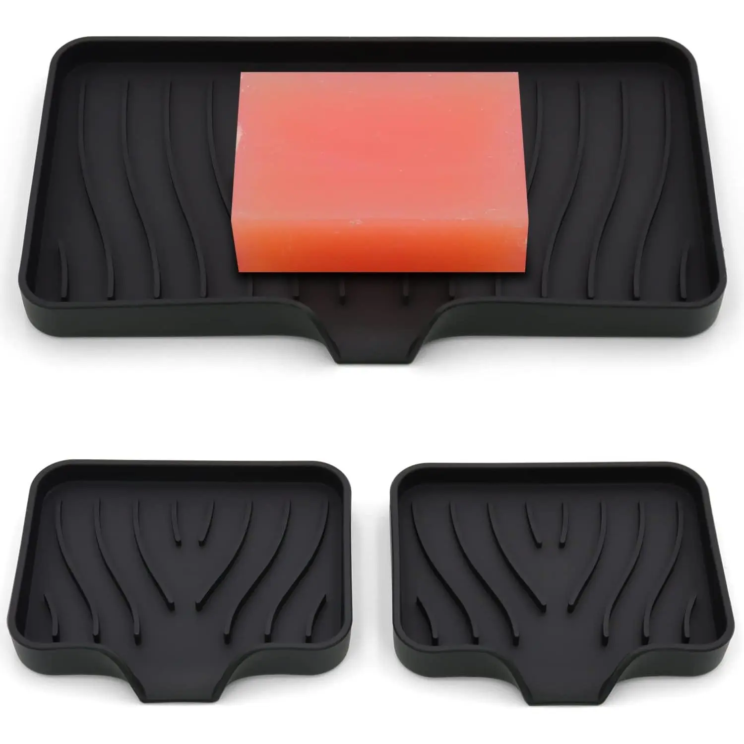 3-Pack  Soap Dish, Sponge Holder for Sink, Kitchen Soap Tray, Bathroom Soap Holder, Sponge Tray with Drain (Black)