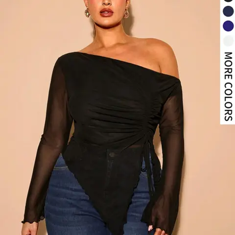 Plus Size Women's Mesh Top, Asymmetrical Shoulder Drawstring Long Sleeve Shirt Blouses, Semi-Transparent Slim Fit, Casual & Formal Wear
