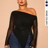 Plus Size Women's Mesh Top, Asymmetrical Shoulder Drawstring Long Sleeve Shirt Blouses, Semi-Transparent Slim Fit, Casual & Formal Wear